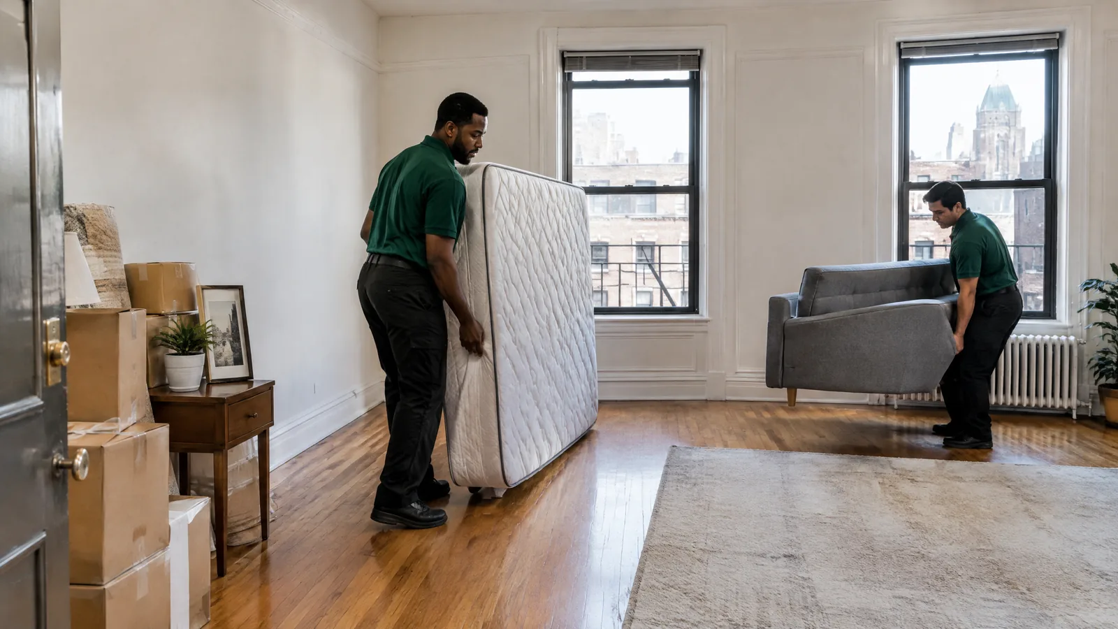 Professional crew removing a mattress and sofa from a NYC apartment