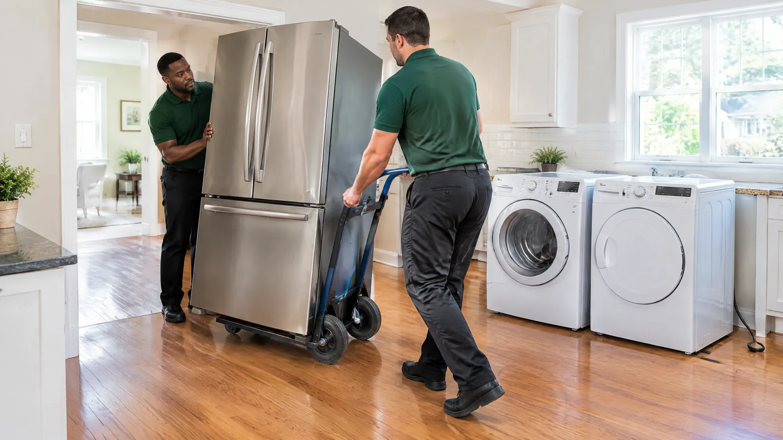Professional crew removing an unwanted refrigerator with a dolly from a Long Island home