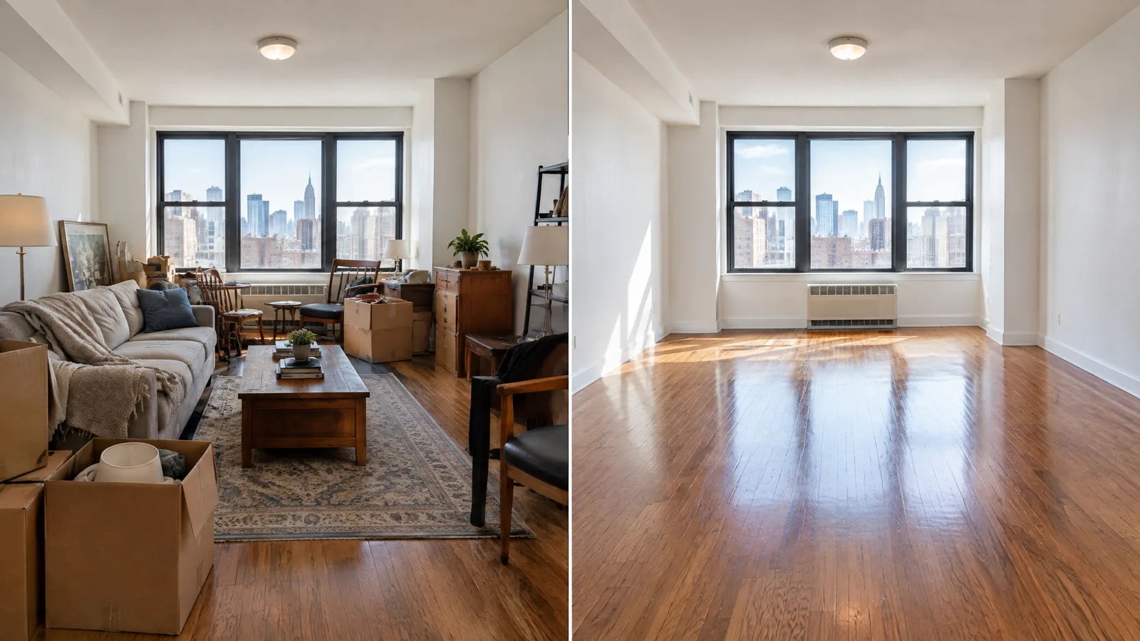 The same NYC apartment before a cleanout and after the room has been completely cleared
