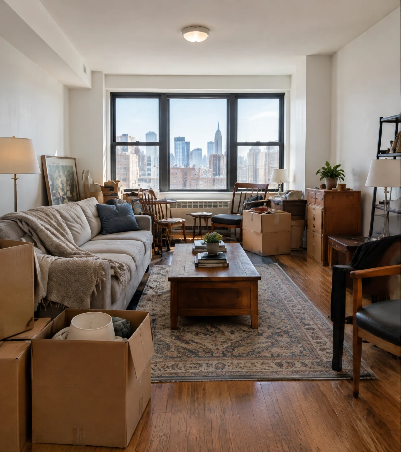 NYC apartment before a cleanout with furniture, boxes, and household belongings