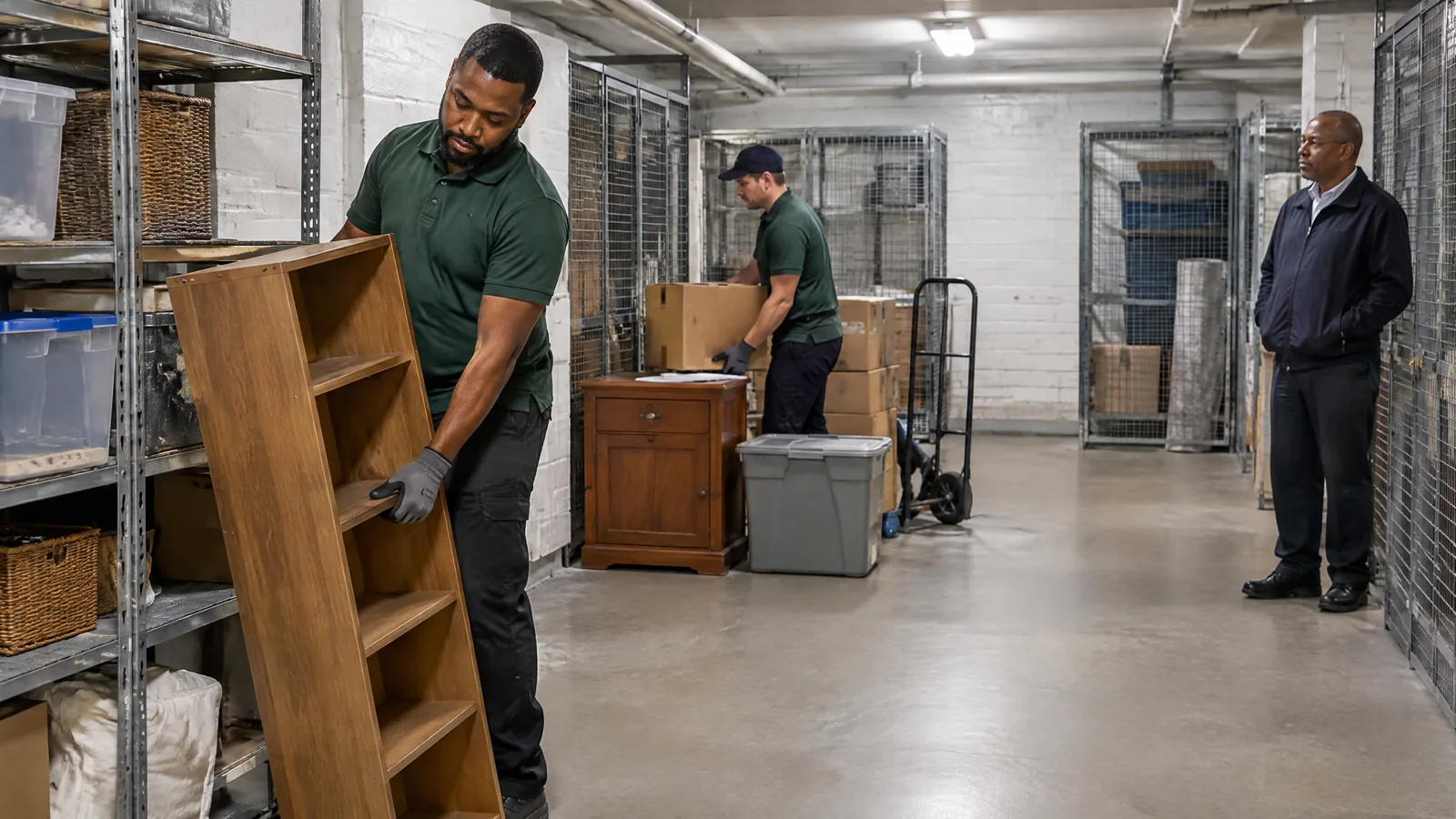 Professional crew clearing furniture and storage items from a NYC apartment building storage area