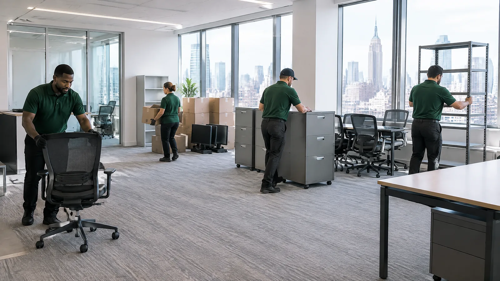 Professional crew clearing desks, chairs, shelving, and boxes from a modern NYC office