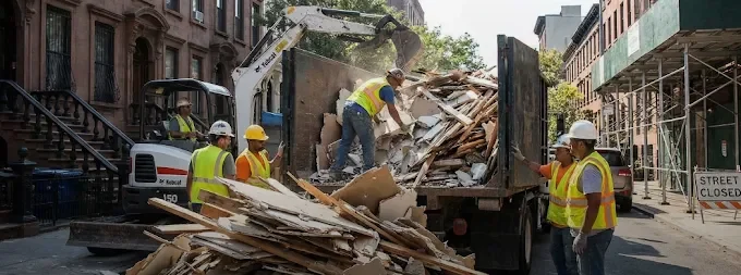 Demolition crew loading broken wood and interior debris into a removal truck