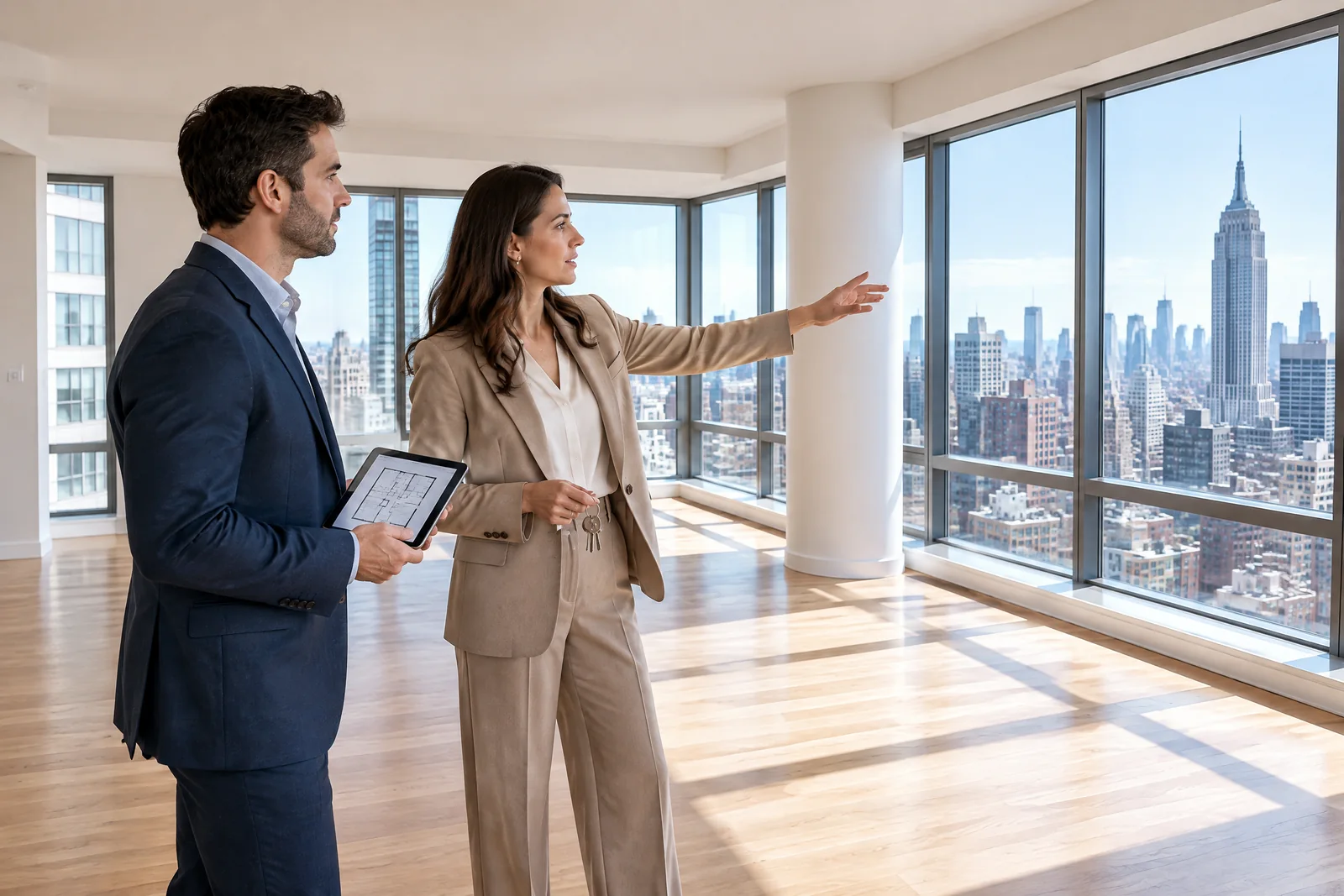 Property investors reviewing plans while touring a vacant NYC apartment