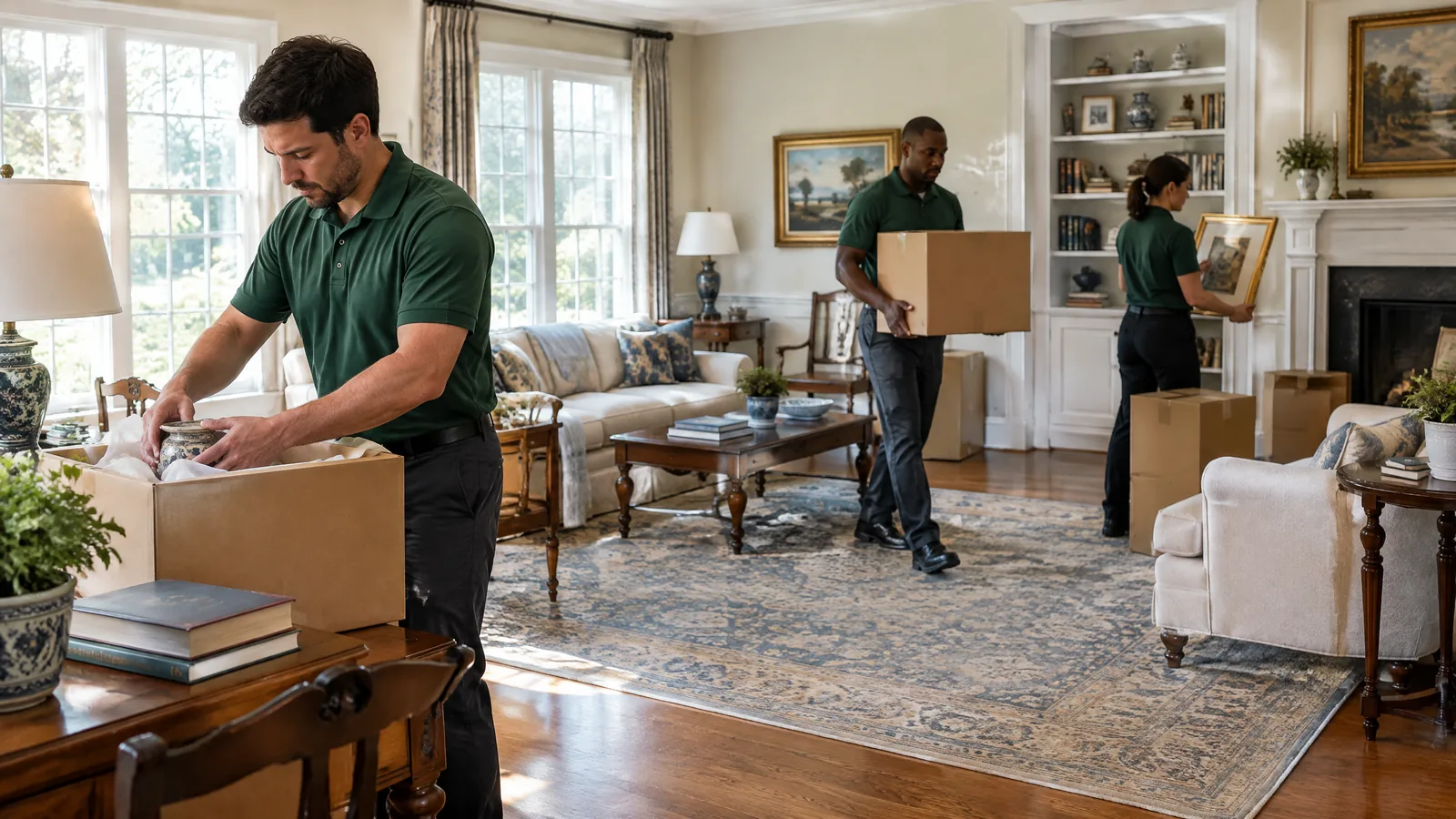 Crew organizing and removing household contents during an estate cleanout