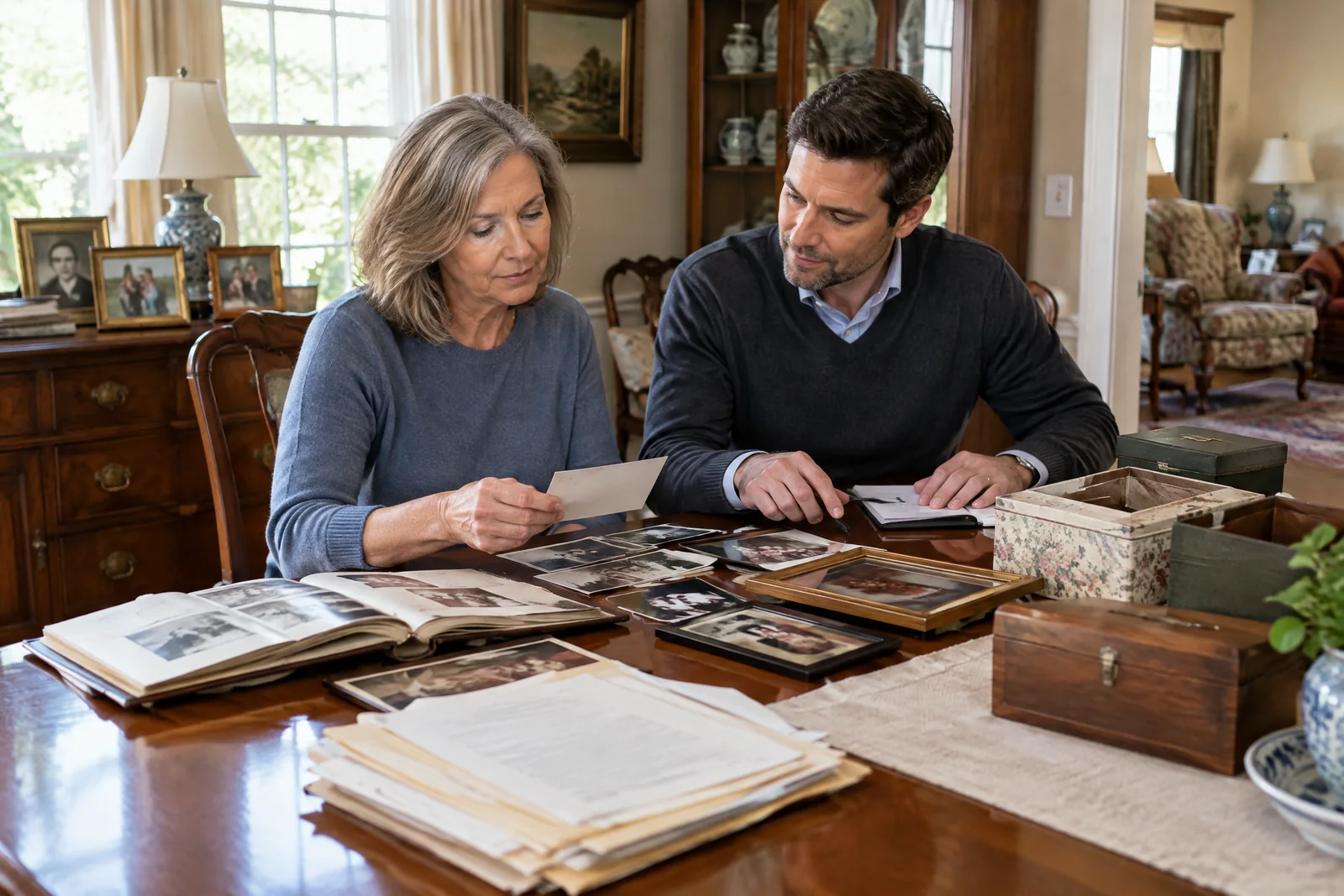 Family member and estate representative reviewing photographs and documents in a home