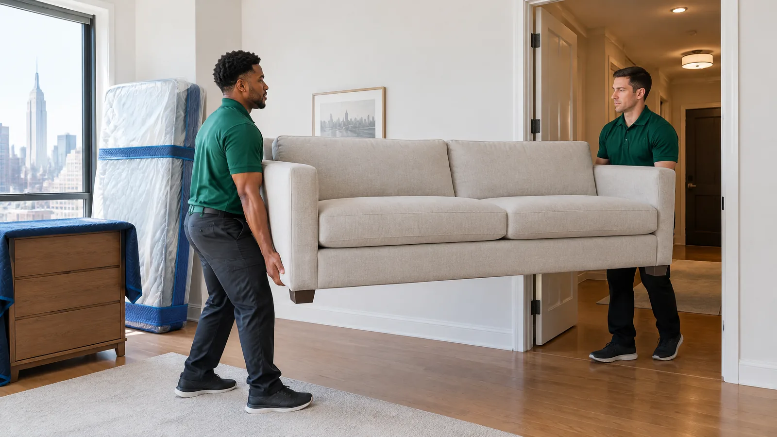Professional crew carefully carrying a large sofa through a NYC apartment doorway