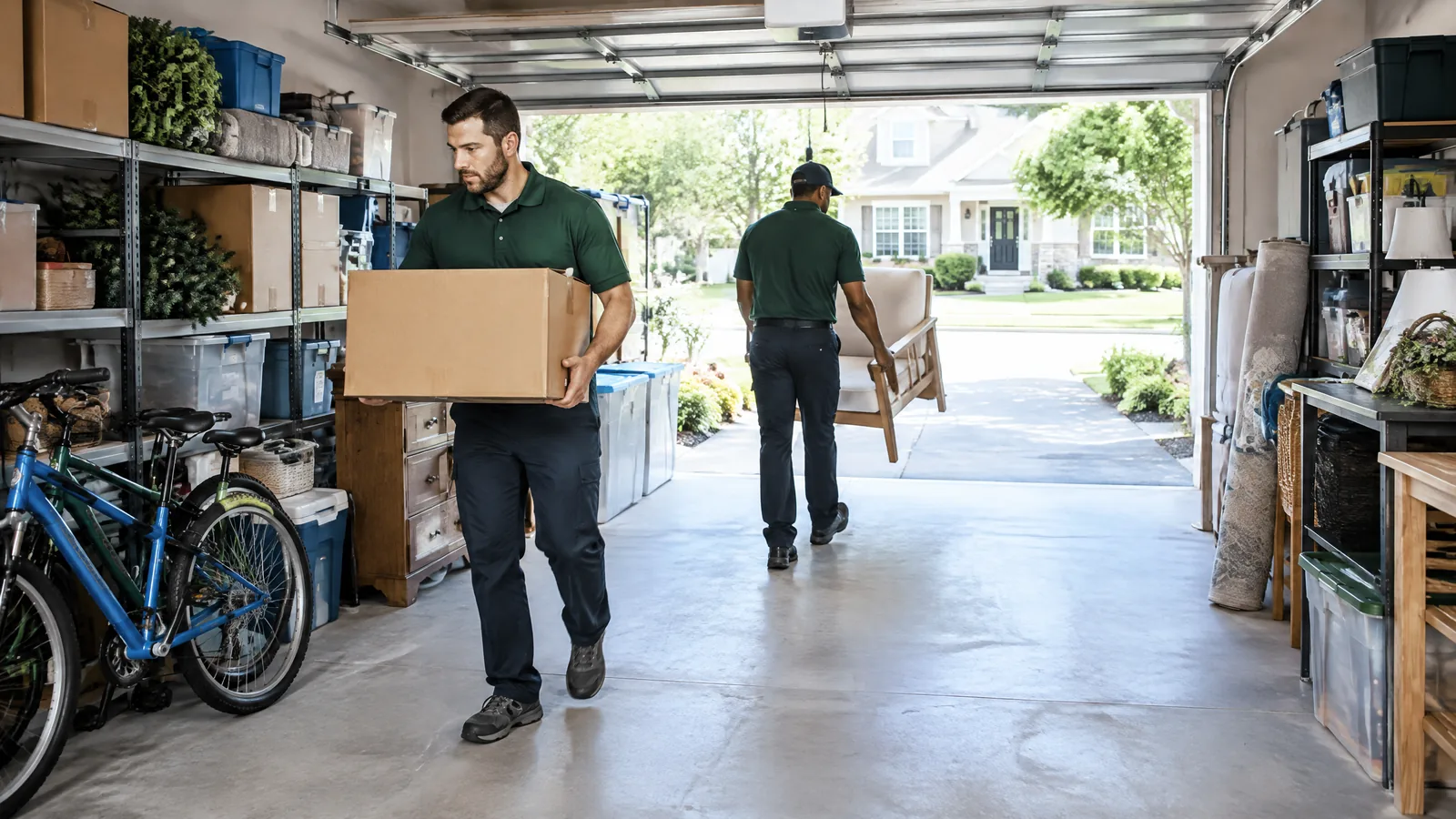 Professional crew clearing boxed household items and furniture from a Long Island garage