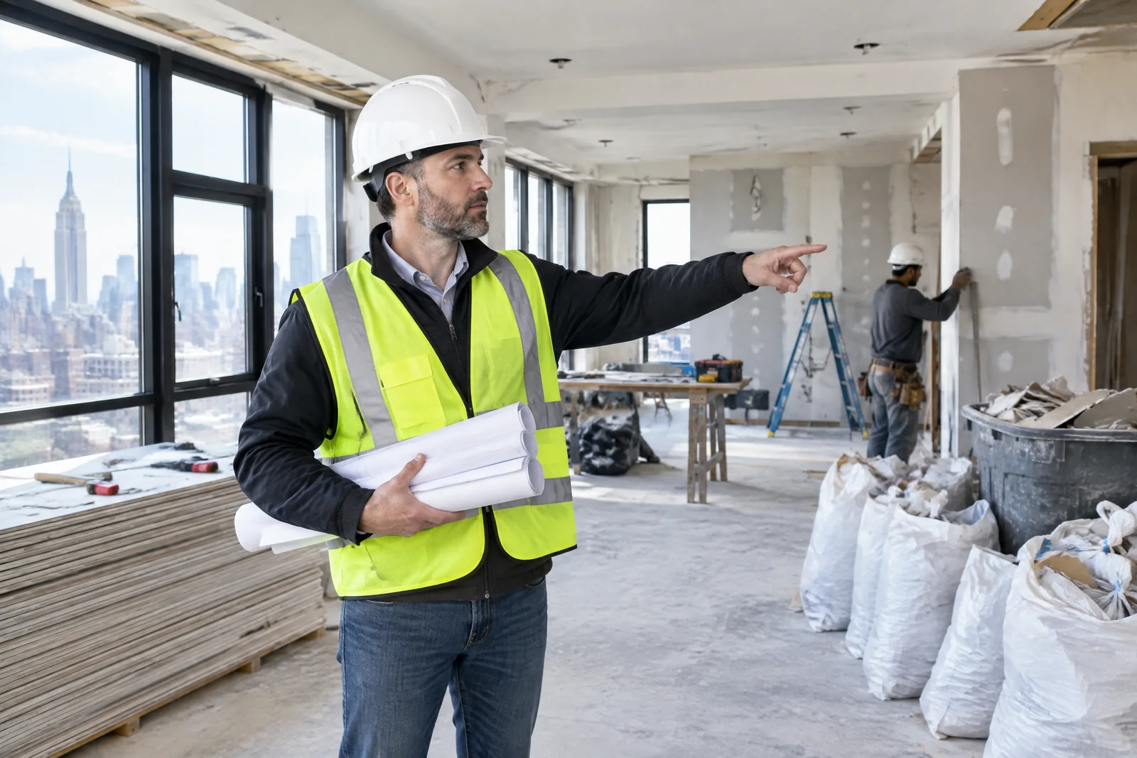 General contractor with plans supervising an active apartment renovation