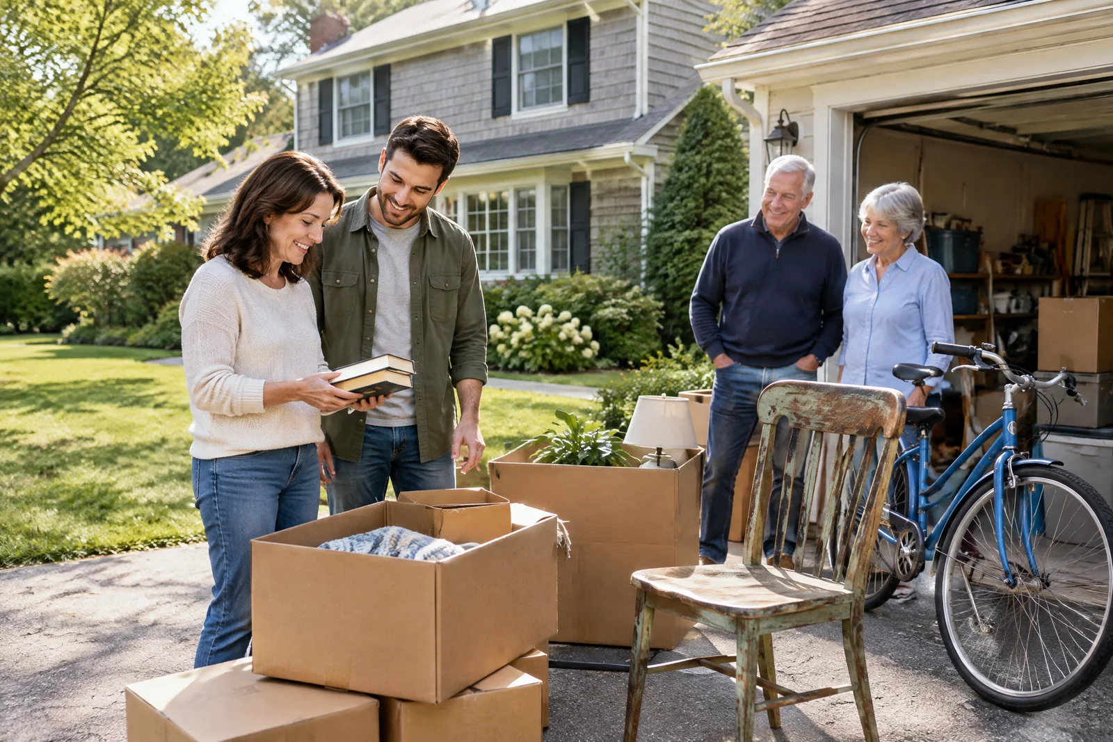 Multigenerational family sorting household items outside a Long Island home and garage