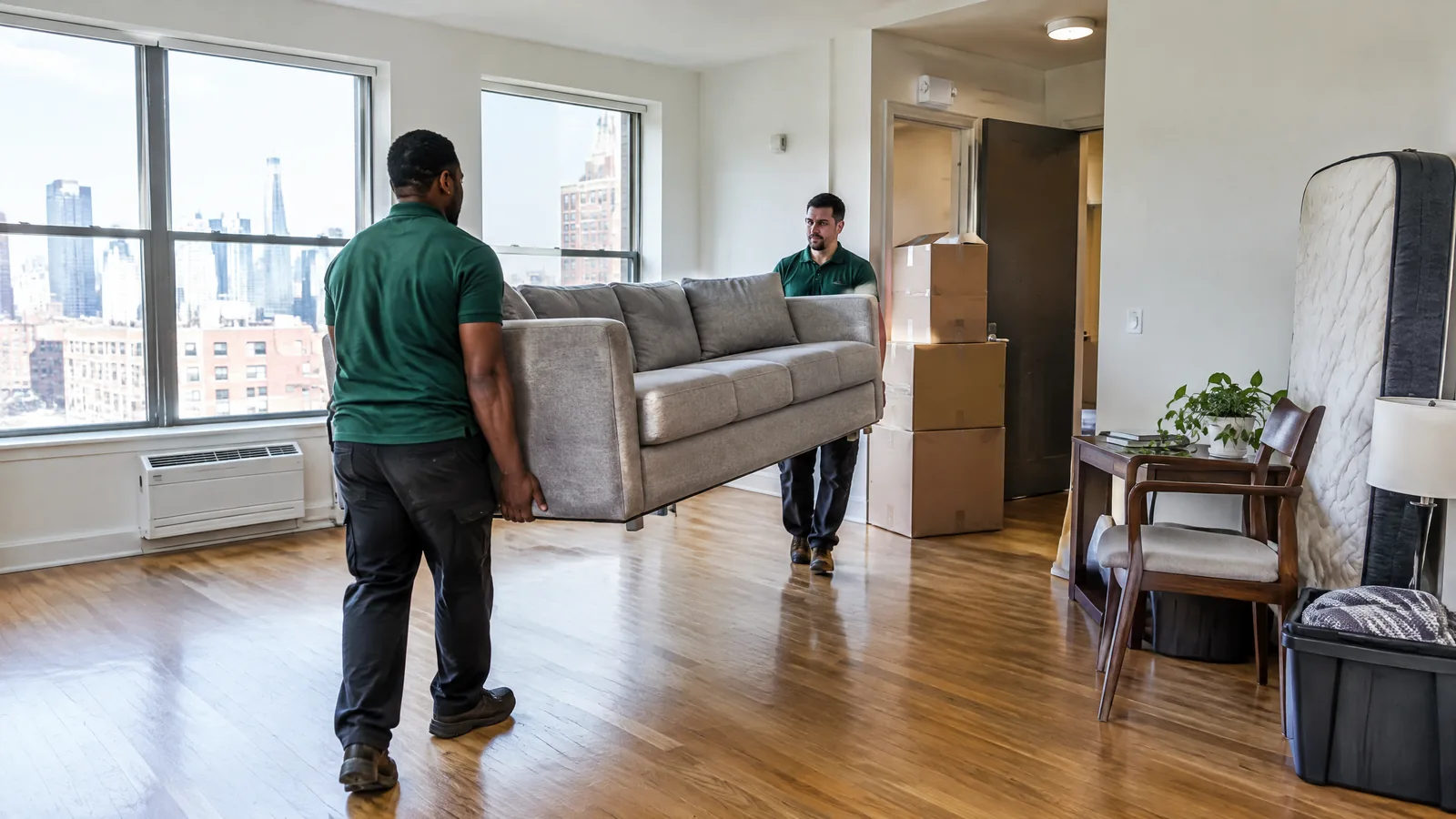 Removal crew carrying a sofa during a NYC apartment move-out cleanout
