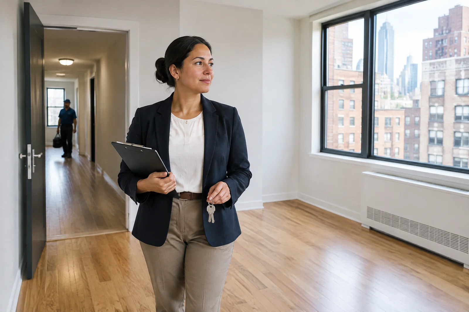 Property manager with a clipboard and keys inspecting a cleared NYC apartment
