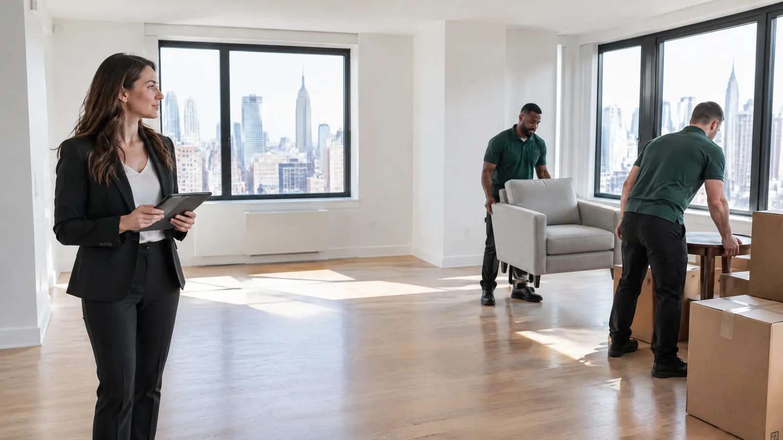 Real-estate professional coordinating with a cleanout crew in a nearly cleared NYC apartment
