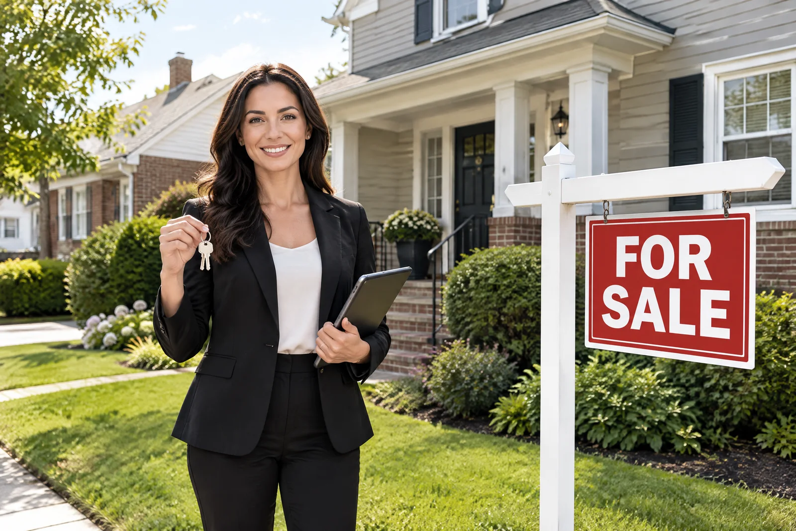 Real estate agent holding house keys beside a home and a For Sale sign