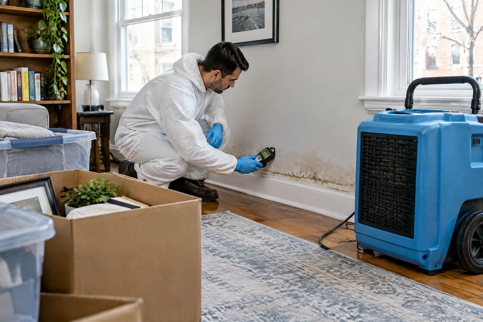 Restoration professional checking water damage with a moisture meter and dehumidifier