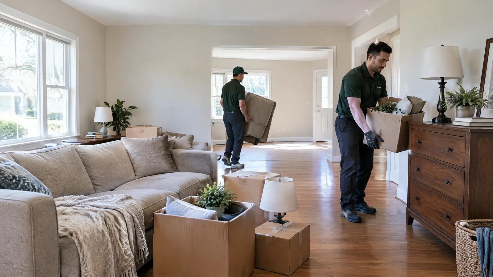 Professional crew removing remaining furniture and boxes from a vacant residential property